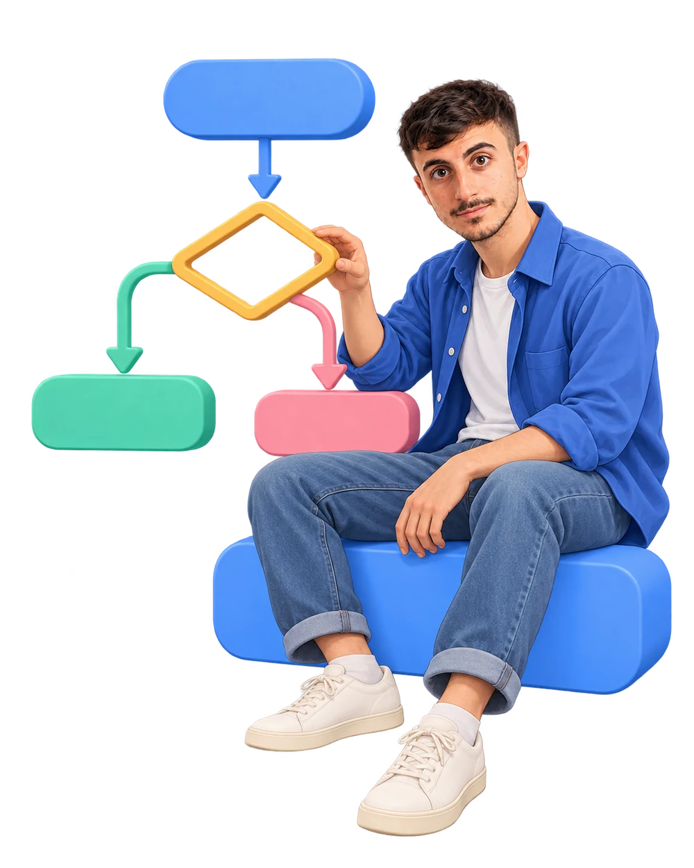 Il personaggio Frociart in camicia azzurra, seduto su un blocco, costruisce un flowchart colorato