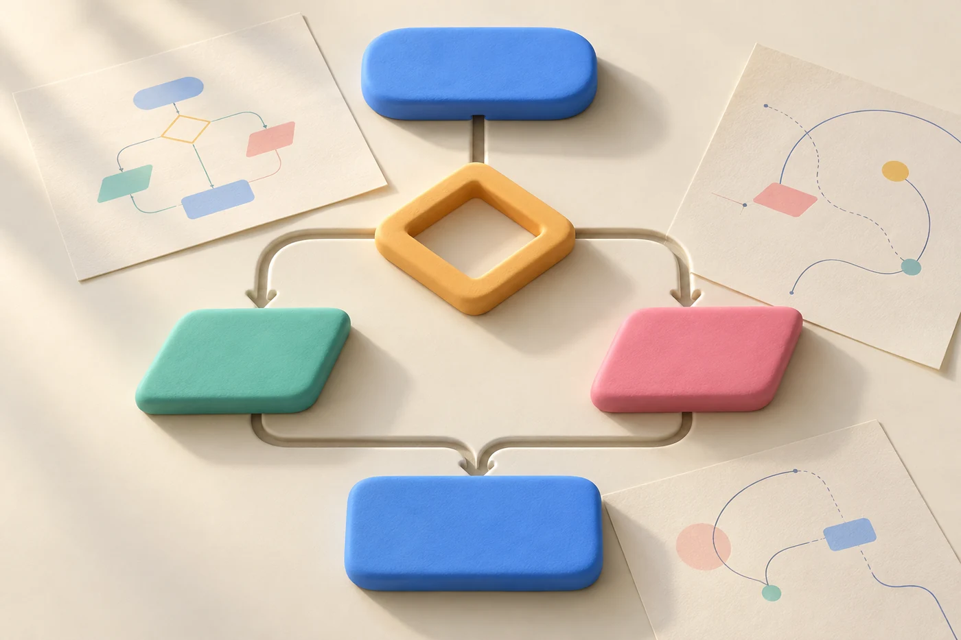 Blocchi azzurri, un rombo color miele e rami verde e rosa formano un flowchart sulla carta